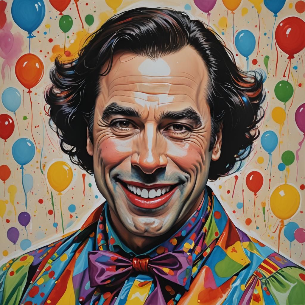 John Travolta as  "Auguste Clown", smile, beautifull details, playful colors, optimistic mood