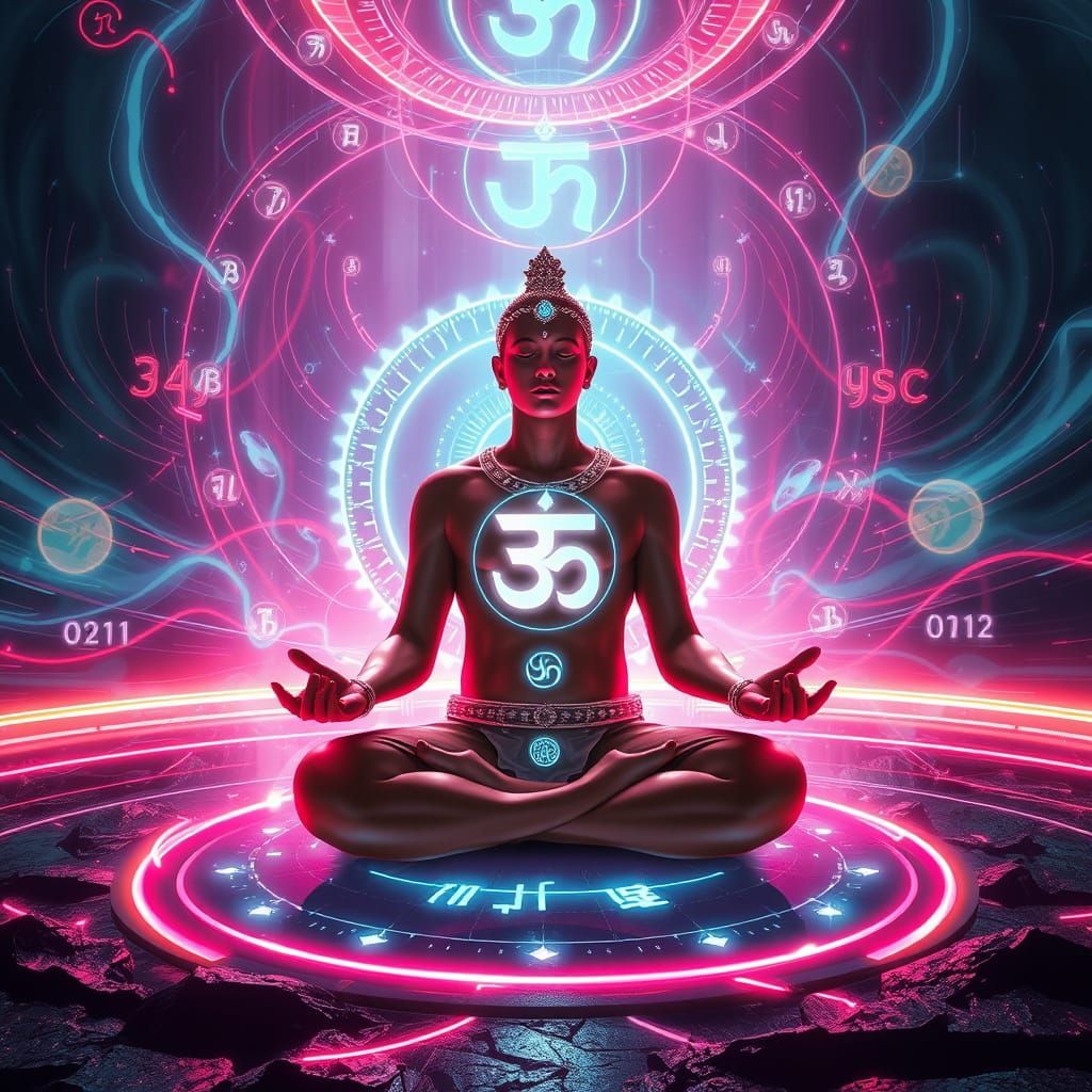 Cyberpunk Mystic Meditates in Neon Holographic Bliss