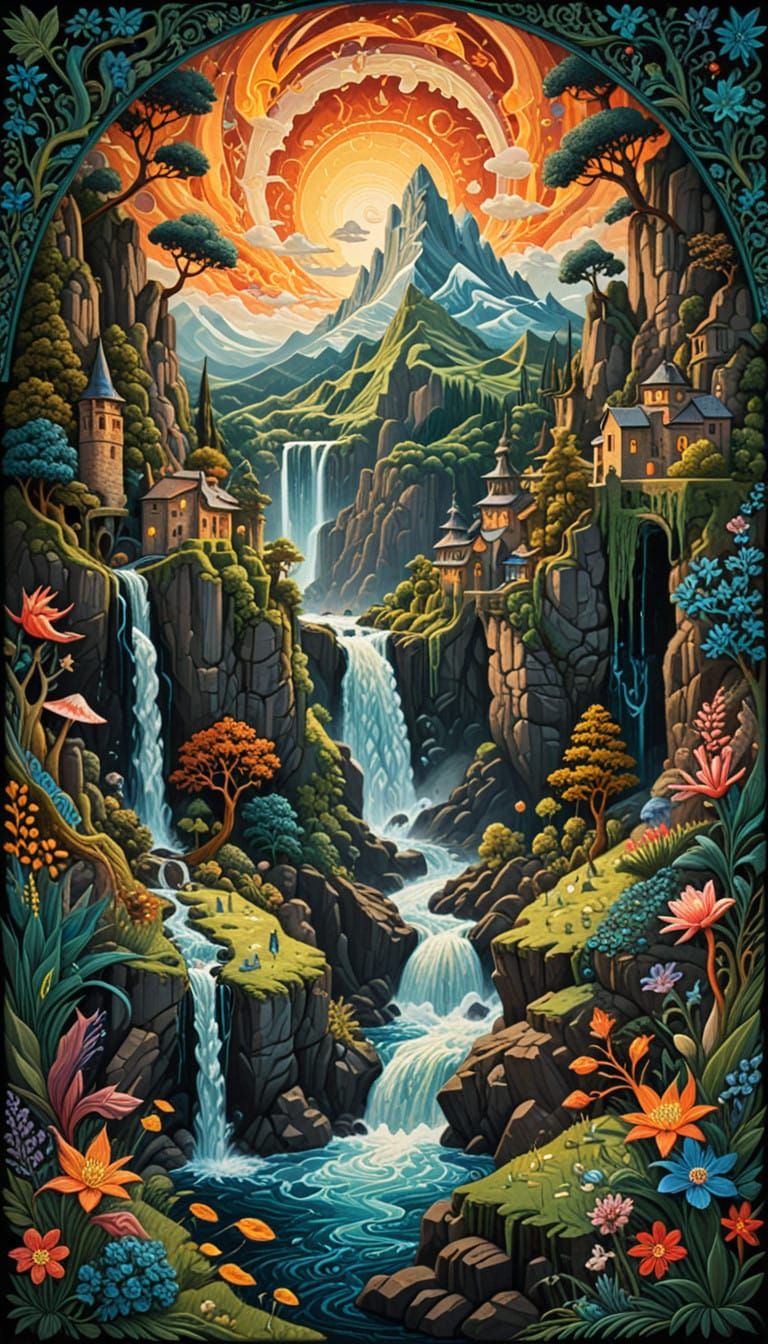 Majestic Tabletop Mountain with Holographic Waterfall in Vib...