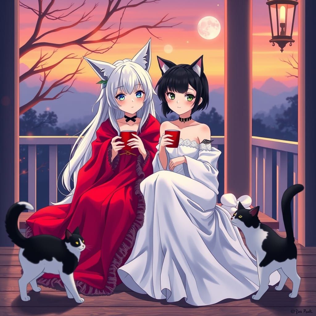 Anime Girls with Wolf Ears and Tattoos at Dawn