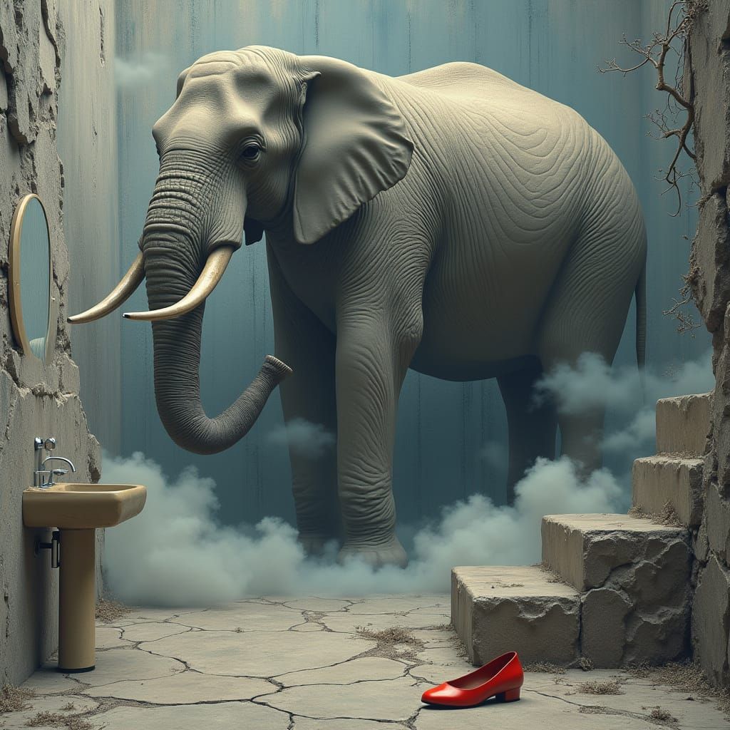 Dreamlike Elephant Amidst Retro-Futuristic Decay