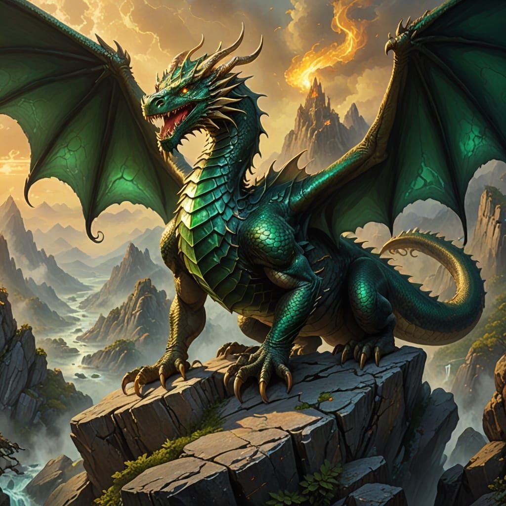 Emerald Dragon Perched on Peak in Oil Painting Style