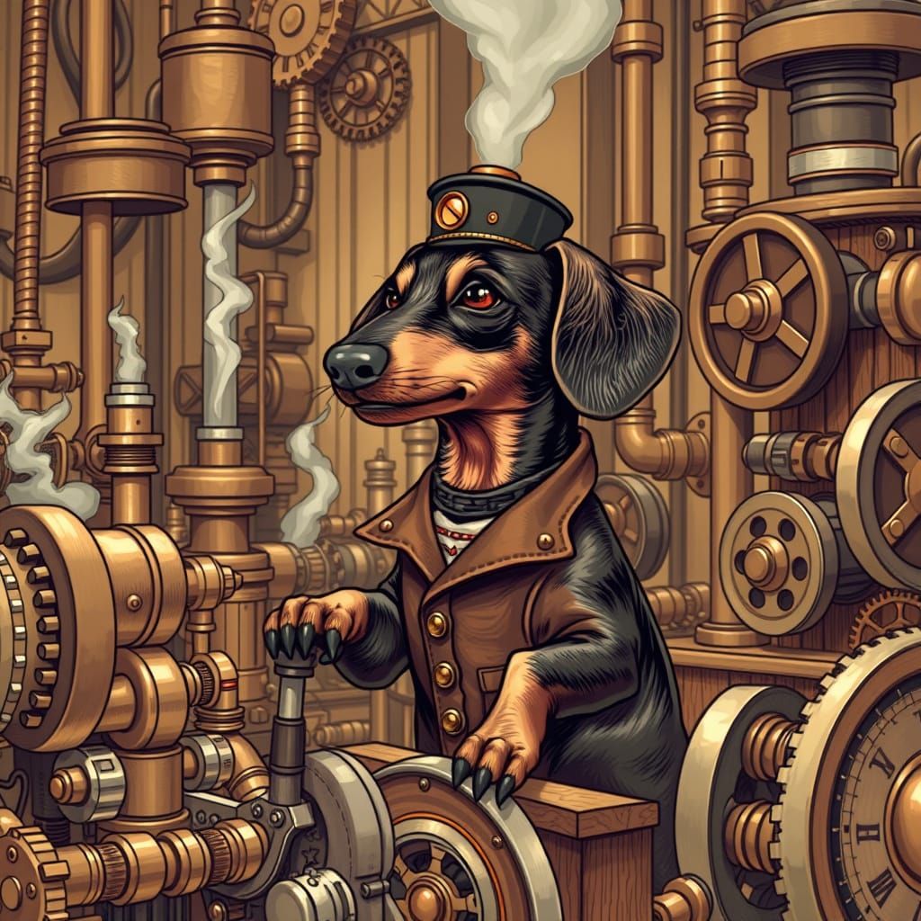 Steampunk Dachshund Mastermind in Victorian-Era Factory