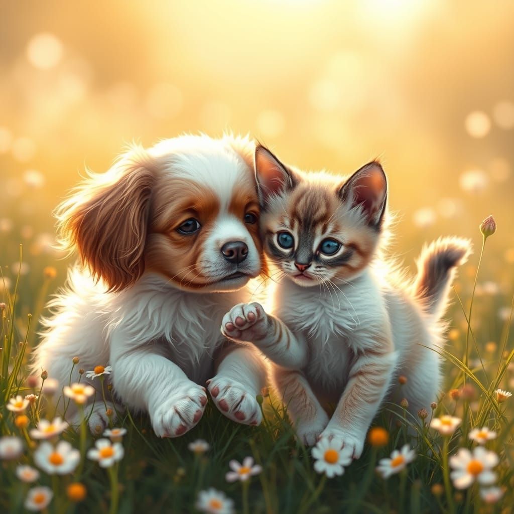 Playful Spaniel & Siamese Kitten