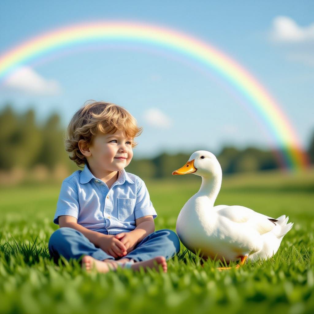Boy and Duck Under Rainbow Sky