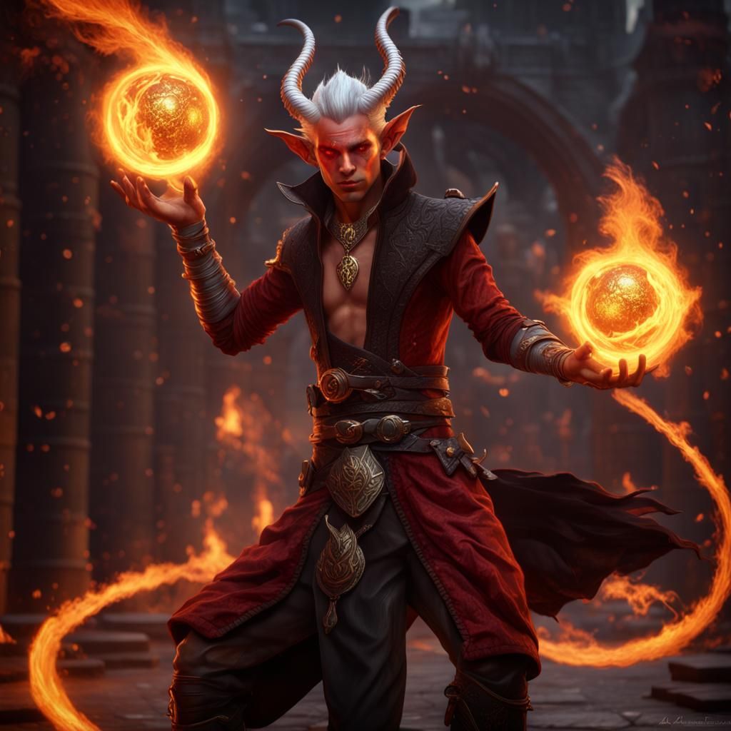 Tiefling Warlock Casting Fireball: Fantasy Concept Art