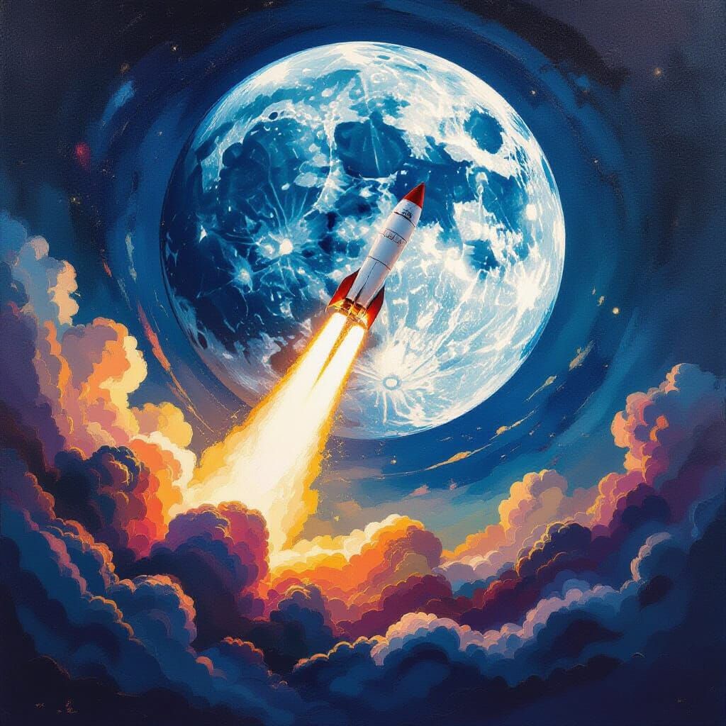 Epic Rocket Launch Towards Luminous Moon in Maximalist Style
