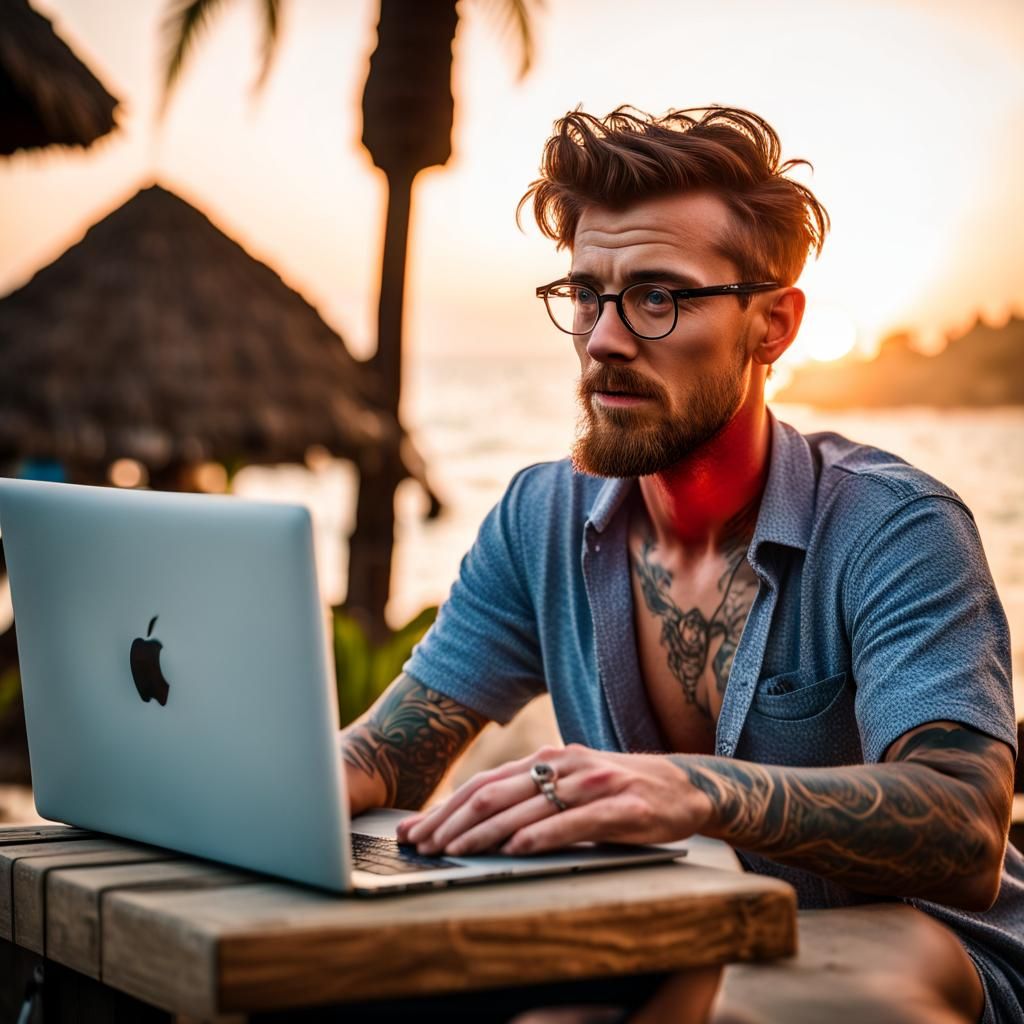 IT Professional Relaxing on Bali Beach at Sunset