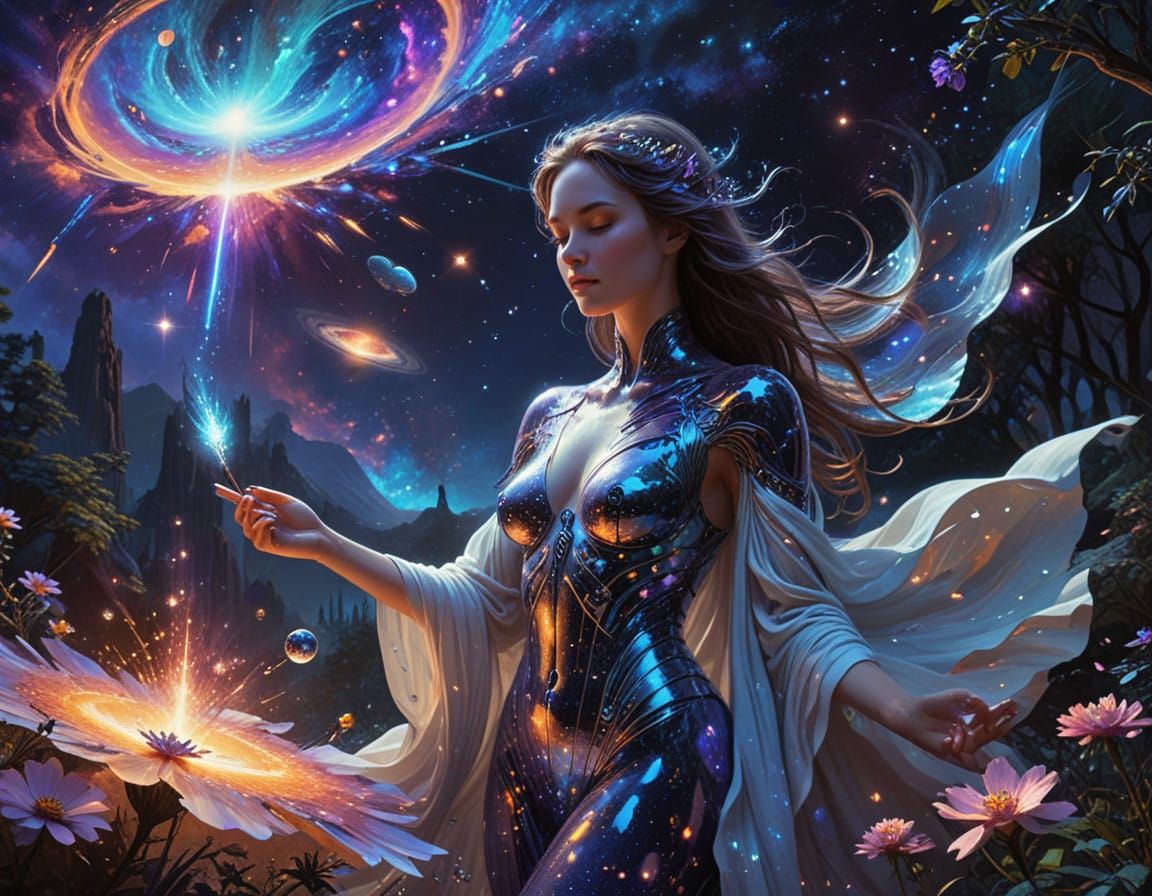 Cosmic Goddess Unveils Vibrant Universe on Ethereal Canvas