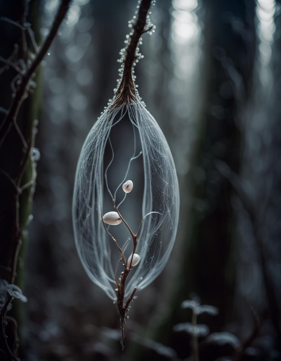 Ethereal Cocoon with Phantom Seeds in Mystical Forest