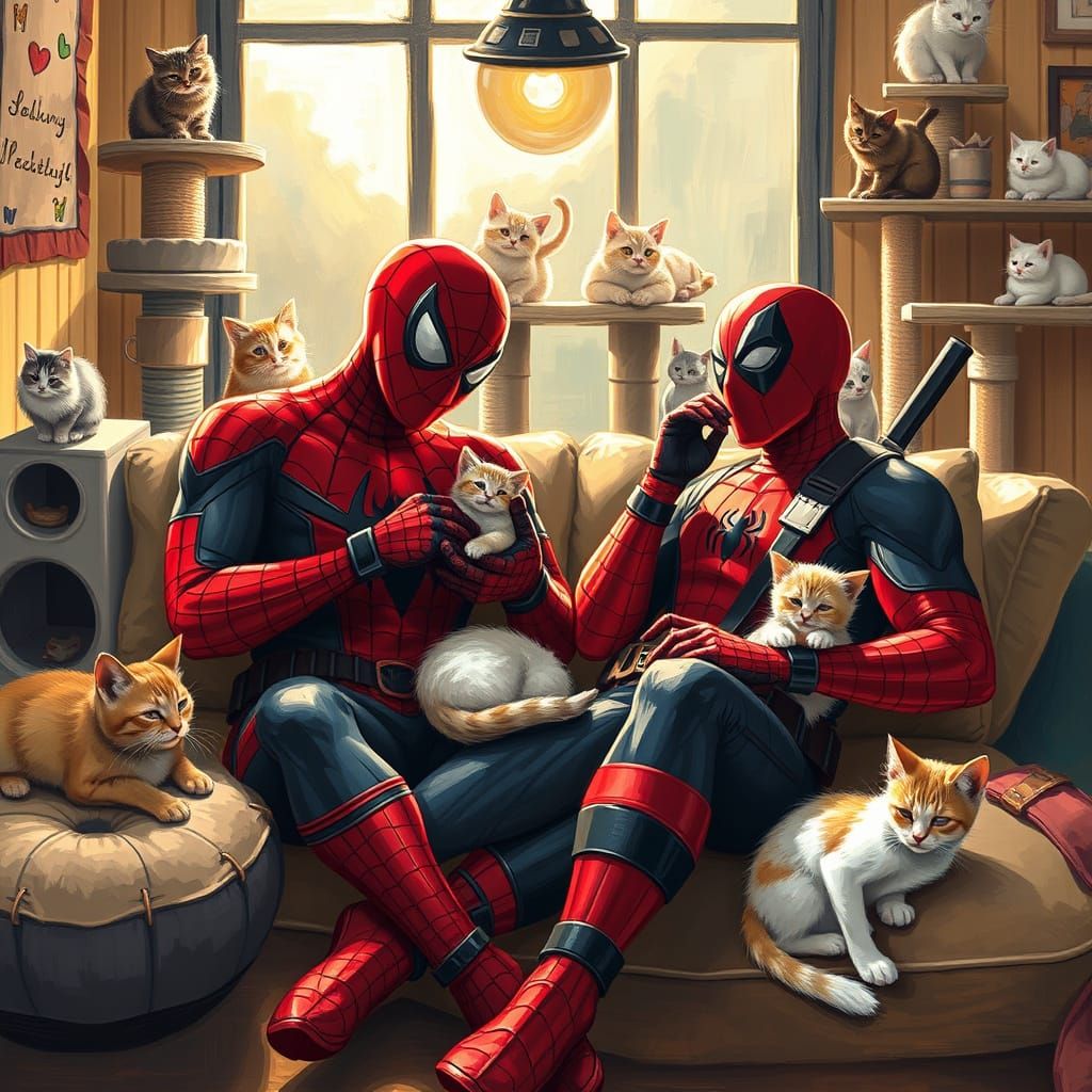 Spiderman and deadpool at a cat cafe