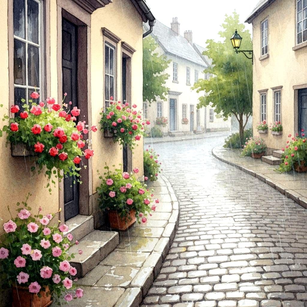 Village Street in Summer Rain Watercolor Painting