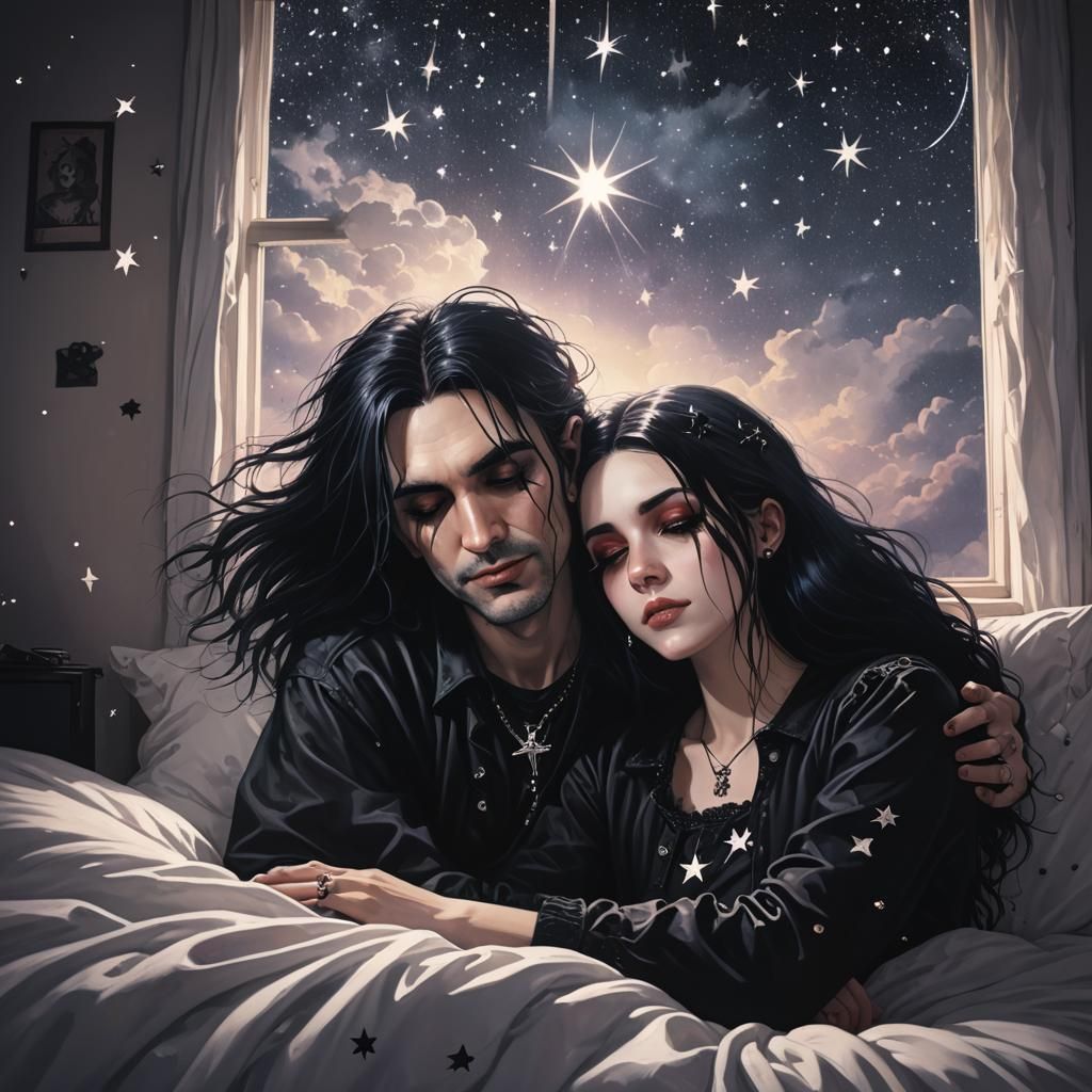 Goth Couple Embrace with Vinyl Records
