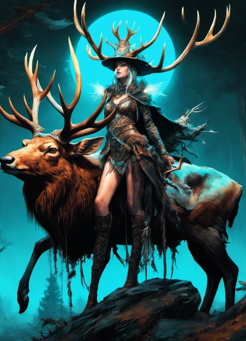 Armored Elk Rider: Artic Witch in Digital Art