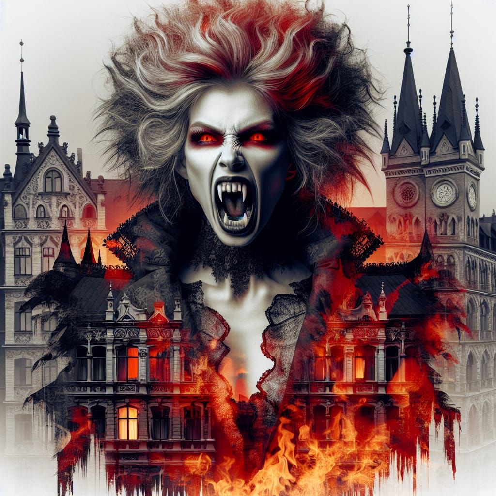 Ethereal Vampire Emerges from Victorian Ruins in Fiery Haze