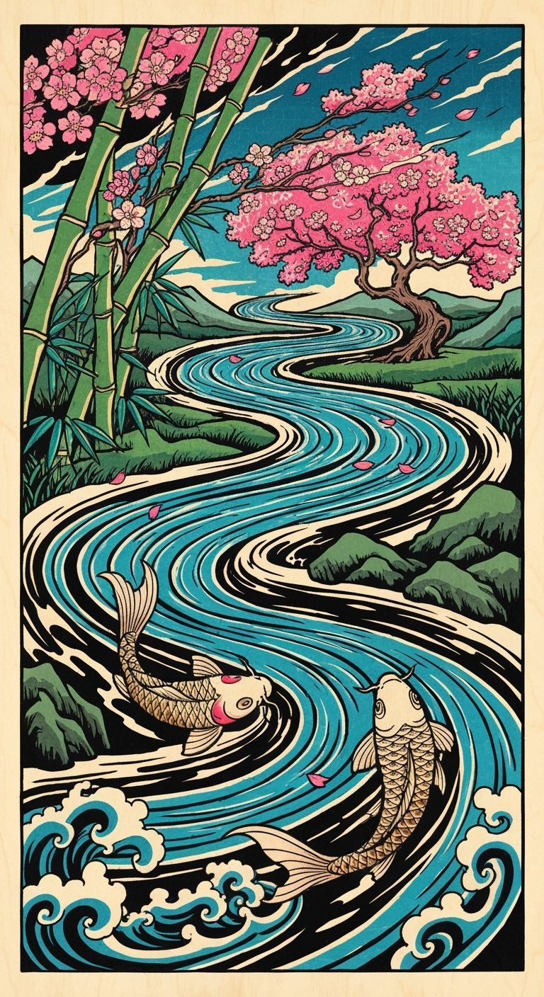 Neo-Japanese Tattoo Woodcut with River and Koi