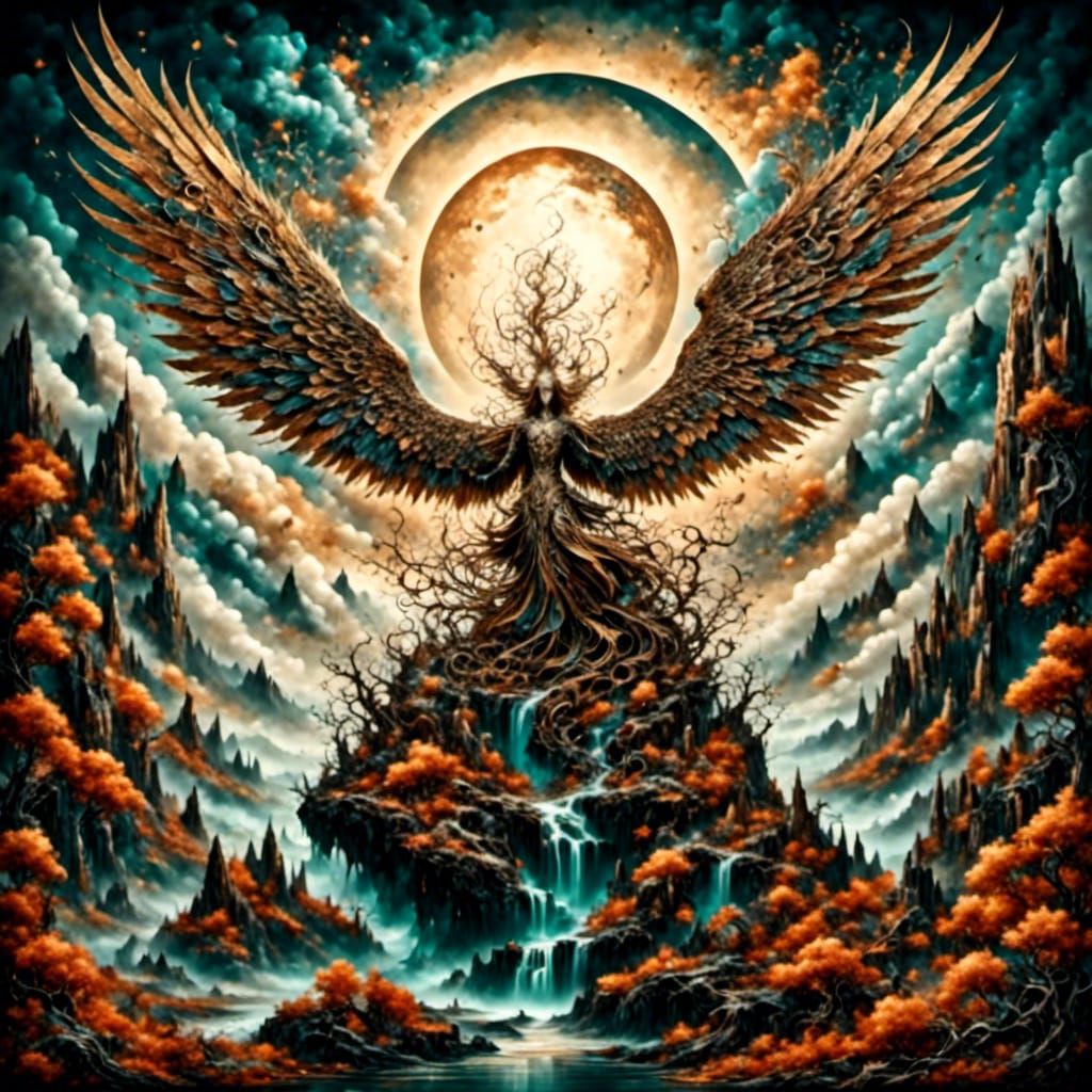 Ethereal Messianic Figure with Angels in Dreamlike Landscape