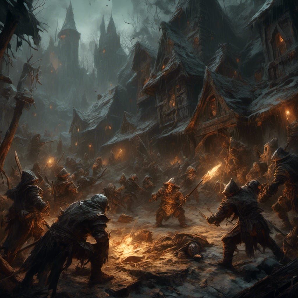 Gnomes and Knights War in Dark Fantasy Style