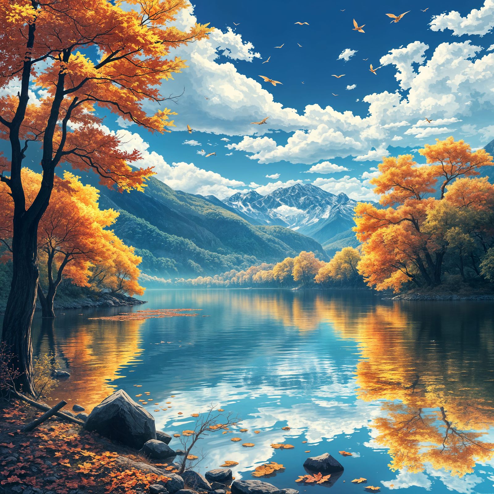 Autumn Lake Masterpiece in Anime Style