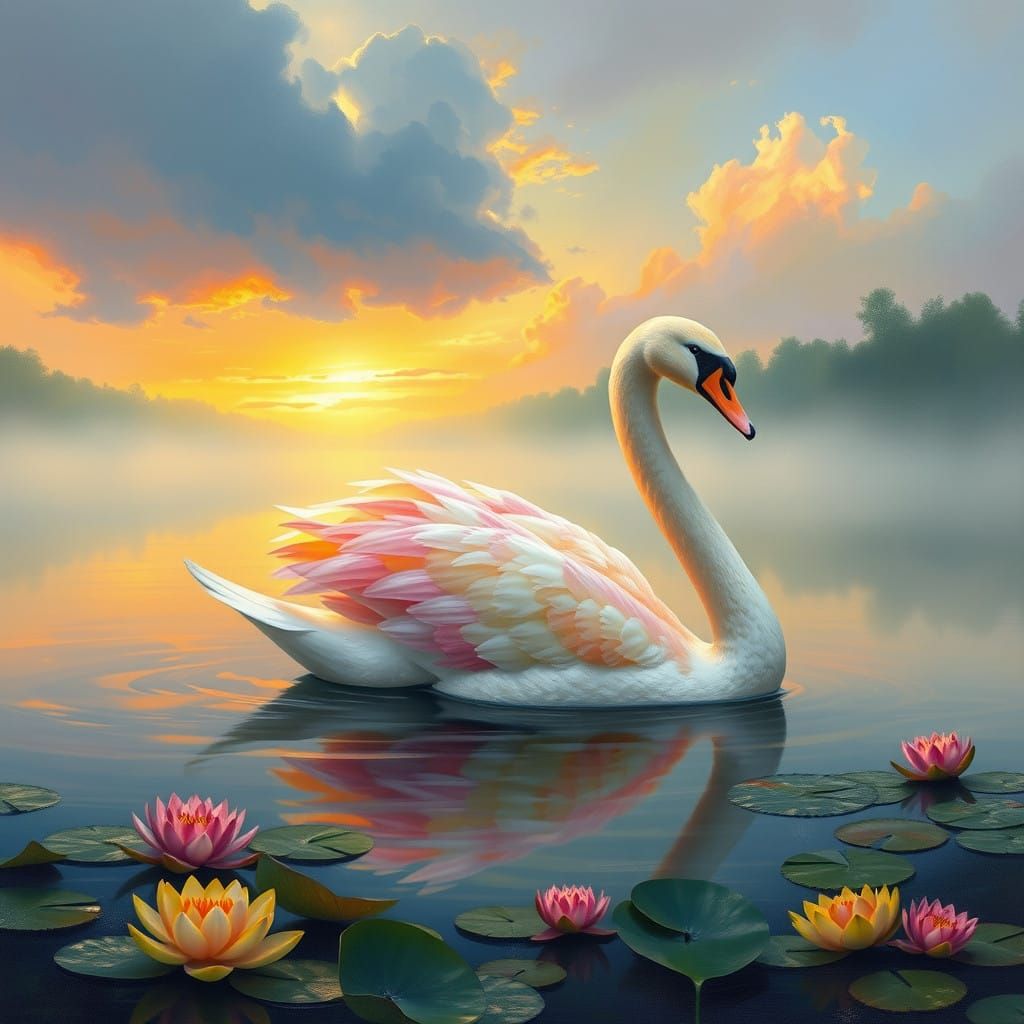Dreamy Rainbow Swan on a Misty Monet-Style Lake