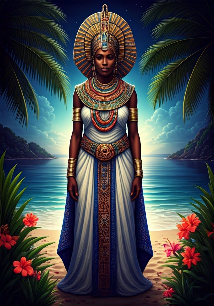Regal Goddess of the Ocean in Dreamlike Tropical Paradise