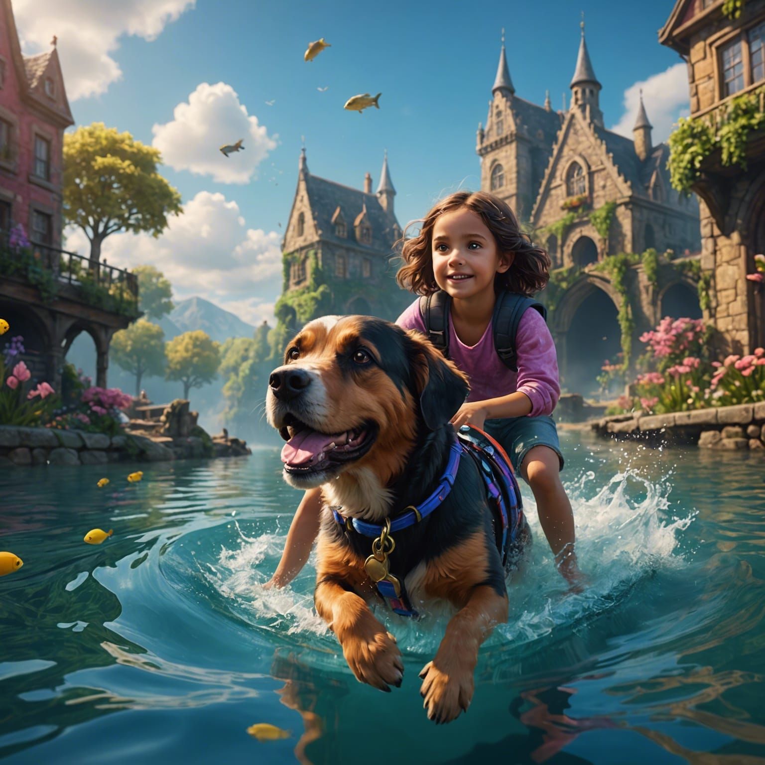 Cute Dog Swimming with Little Girl: Fantasy Concept Art