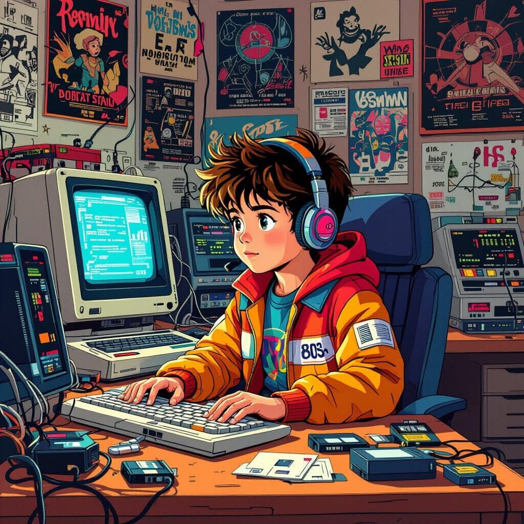 Boy Immersed in 80s Tech: A Synthwave Dream