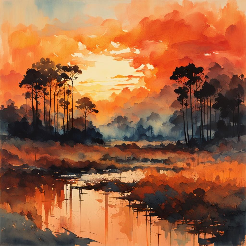 Sunrise Landscape in Gouache Impressionist Style