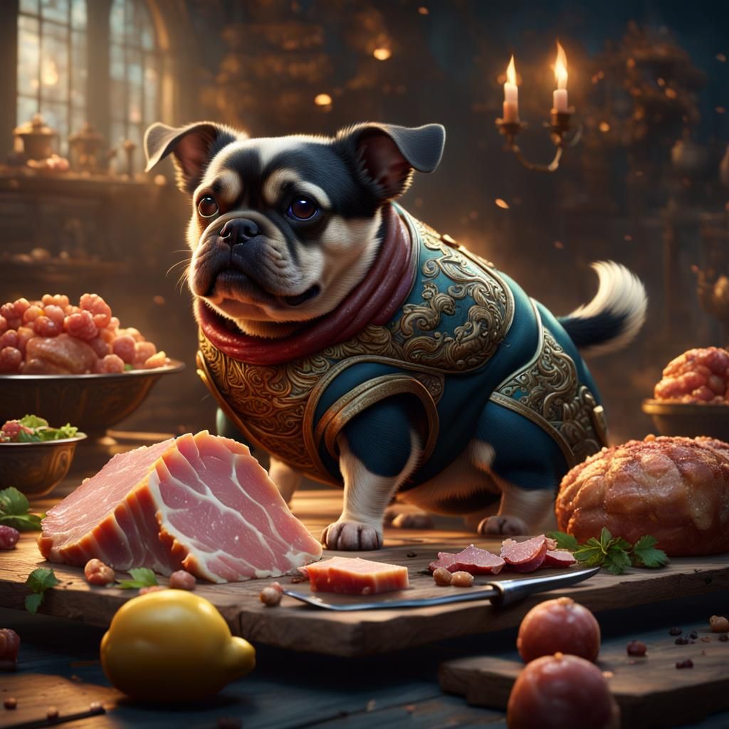 Tiny Fat Dog with Ham: Fantasy Concept Art