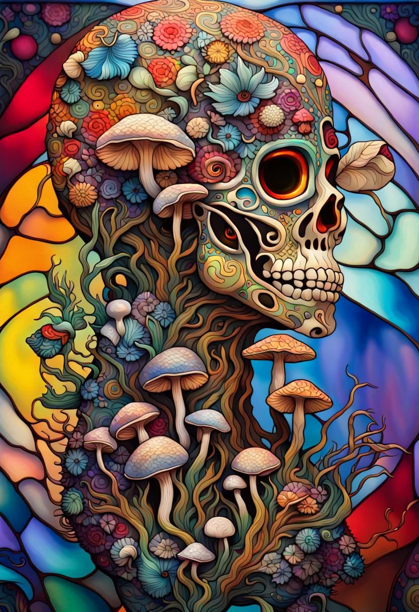 Surreal Mushrooms in Art Nouveau Stained Glass Style
