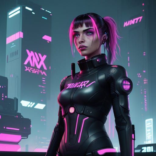 Cyberpunk Girl in Neon-Lit Exosuit, Gritty Dystopian Futuris...