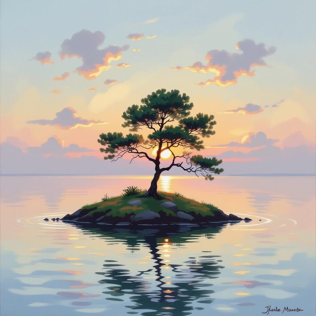 Tranquil Island Sunset: Ancient Tree in Monet Style