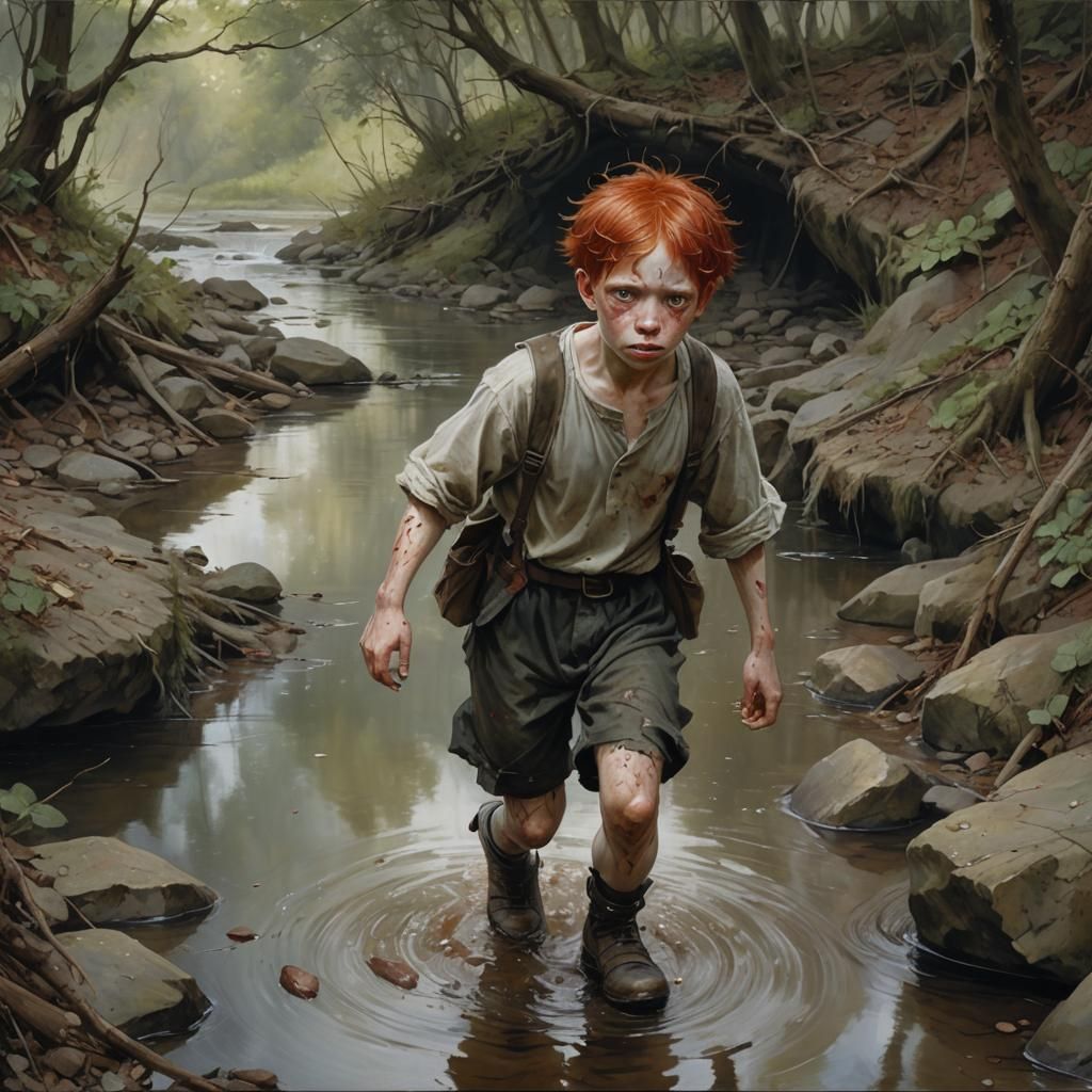 Melancholic Dark Fantasy Painting of a Boy by a Stream