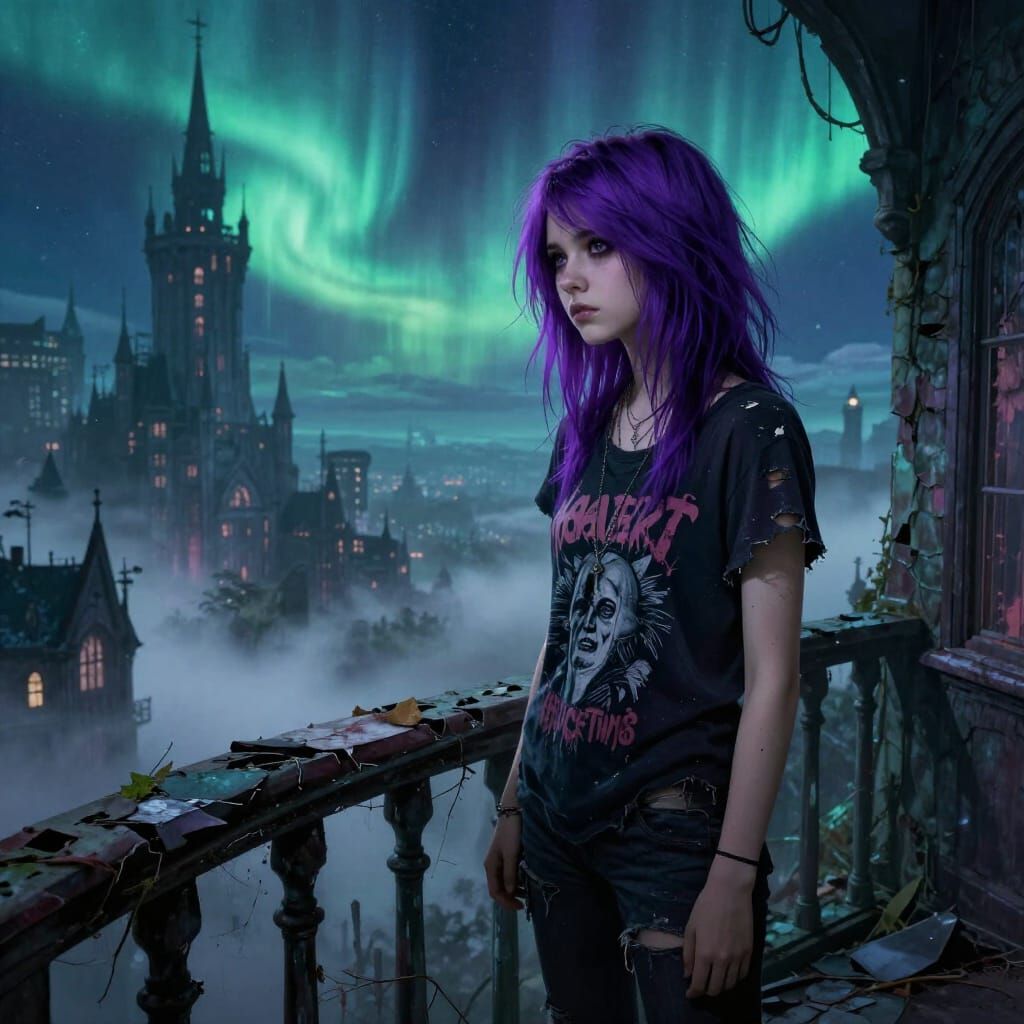 Emo Teen on Gothic Balcony with Aurora Sky