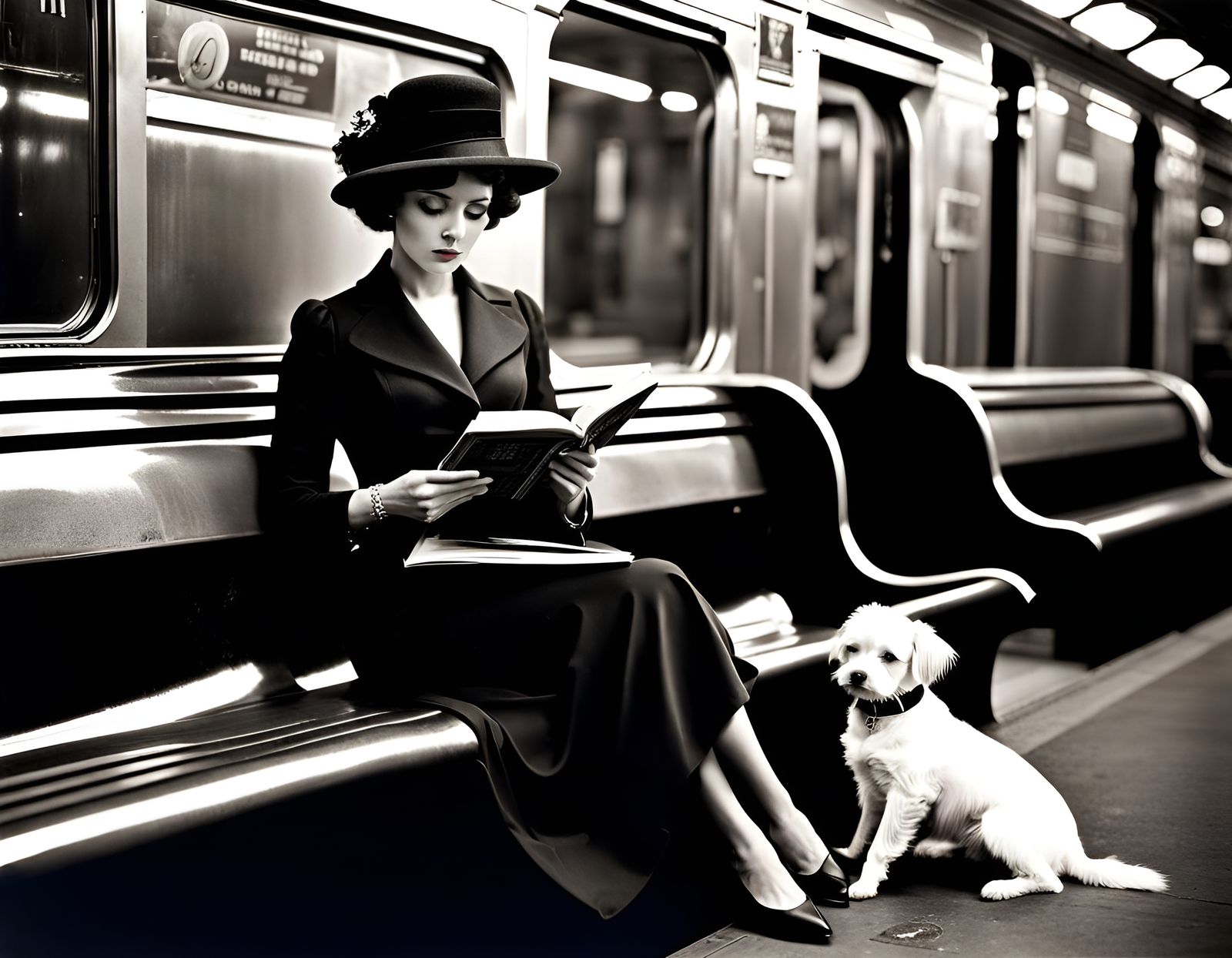 Elegant Woman and Dog in Subway: Black and White Photography