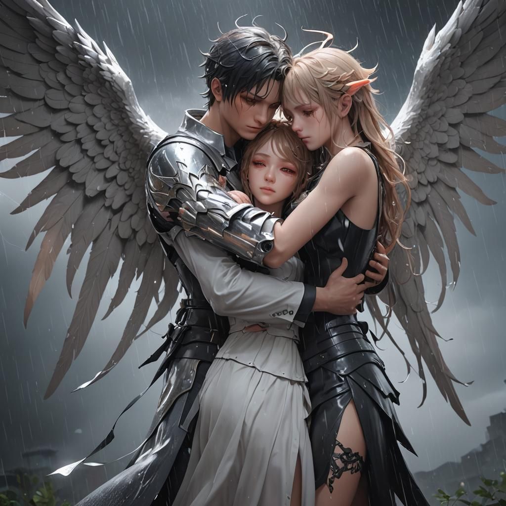 Angel and Demon Embrace in Storm: 3D Anime Art