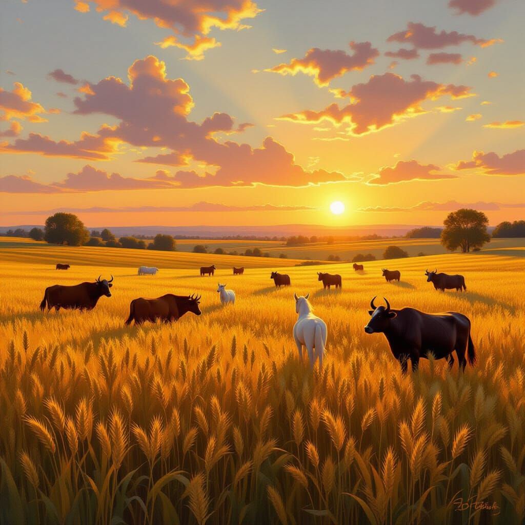 Pastoral Sunset Landscape with Majestic Beasts