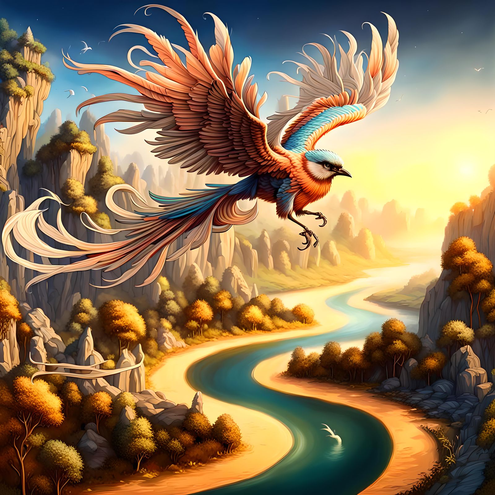 Beautiful ultradetailed fantasy bird, flying over a river, detailed fantasy background