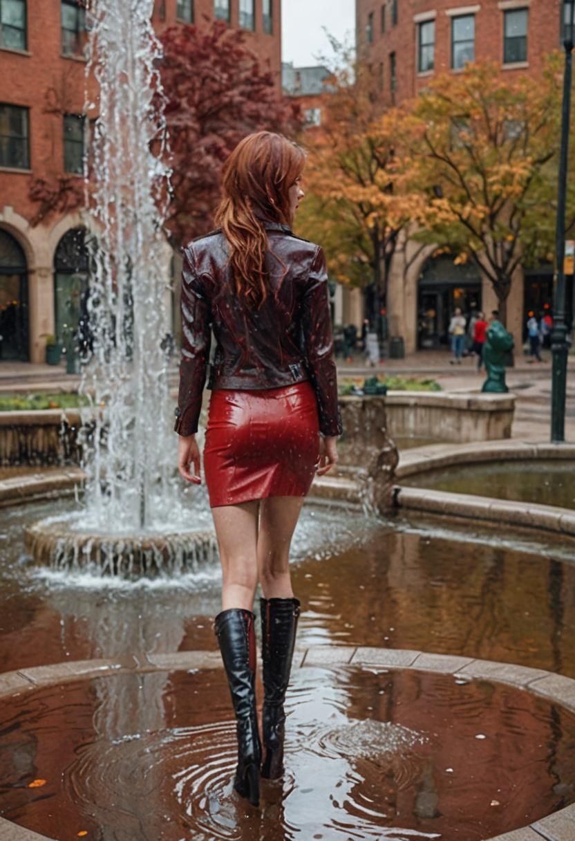 Glamorous Woman in Red Leather in Fountain