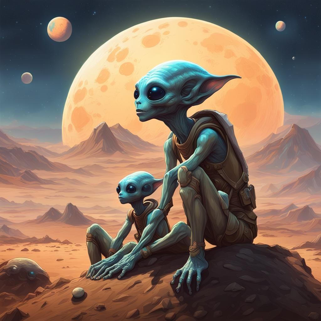 Two Cute Aliens Gazing at an Alien Sky