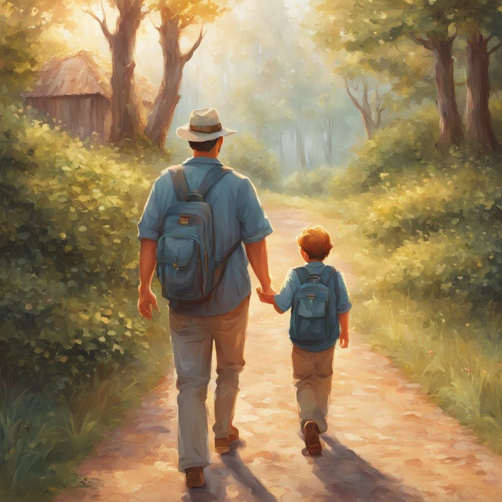 Father and Son Walking in Nostalgic Digital Painting