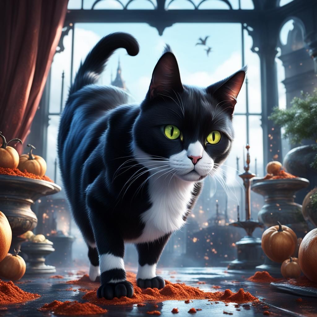 Fantastical Tuxedo Cat in Detailed Matte Painting