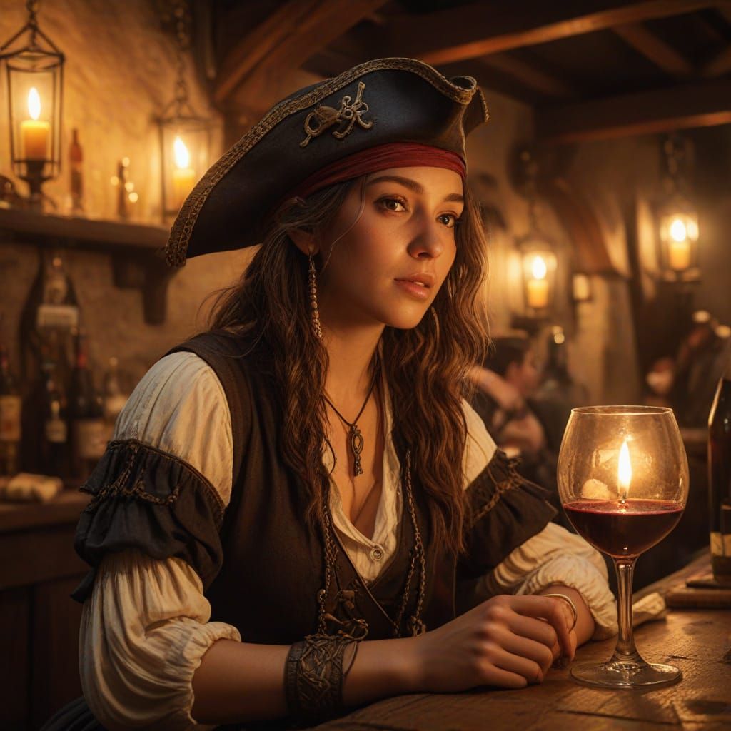 Young Pirate Drinking Wine in Cozy Medieval Tavern
