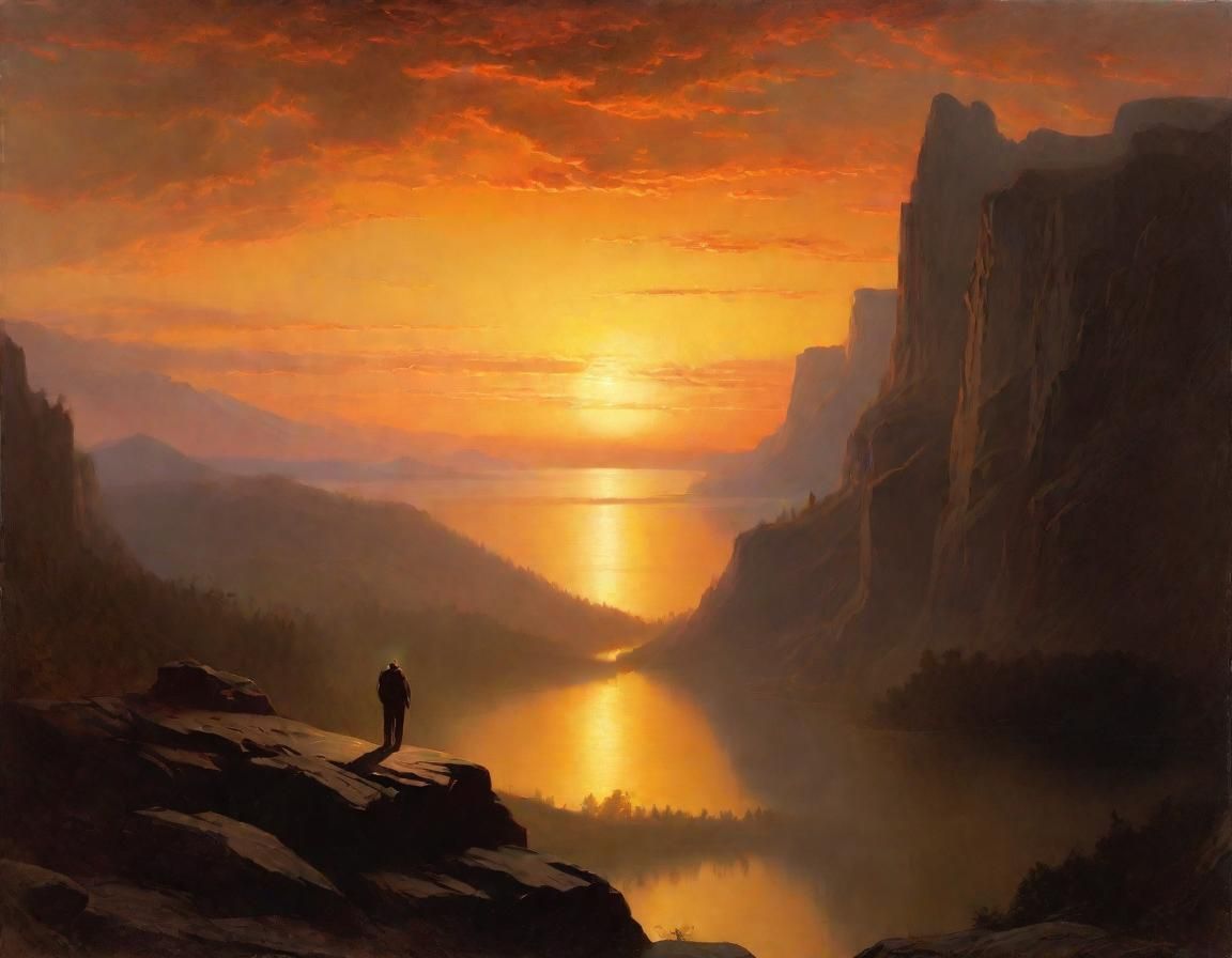 Romantic Landscape Painting with Fiery Sunset