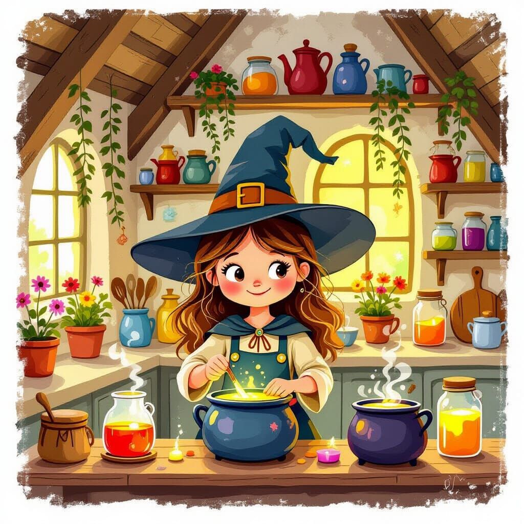 Cute Young Witch Brewing Potions in Cozy Cottage