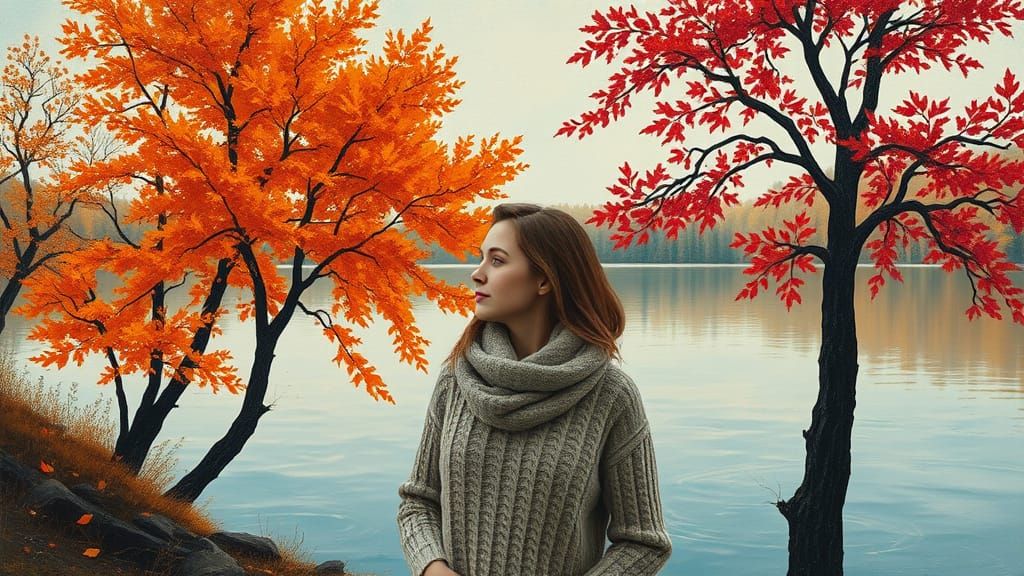 Autumnal Lake Scene with Spirograph Leaves, Impasto Style