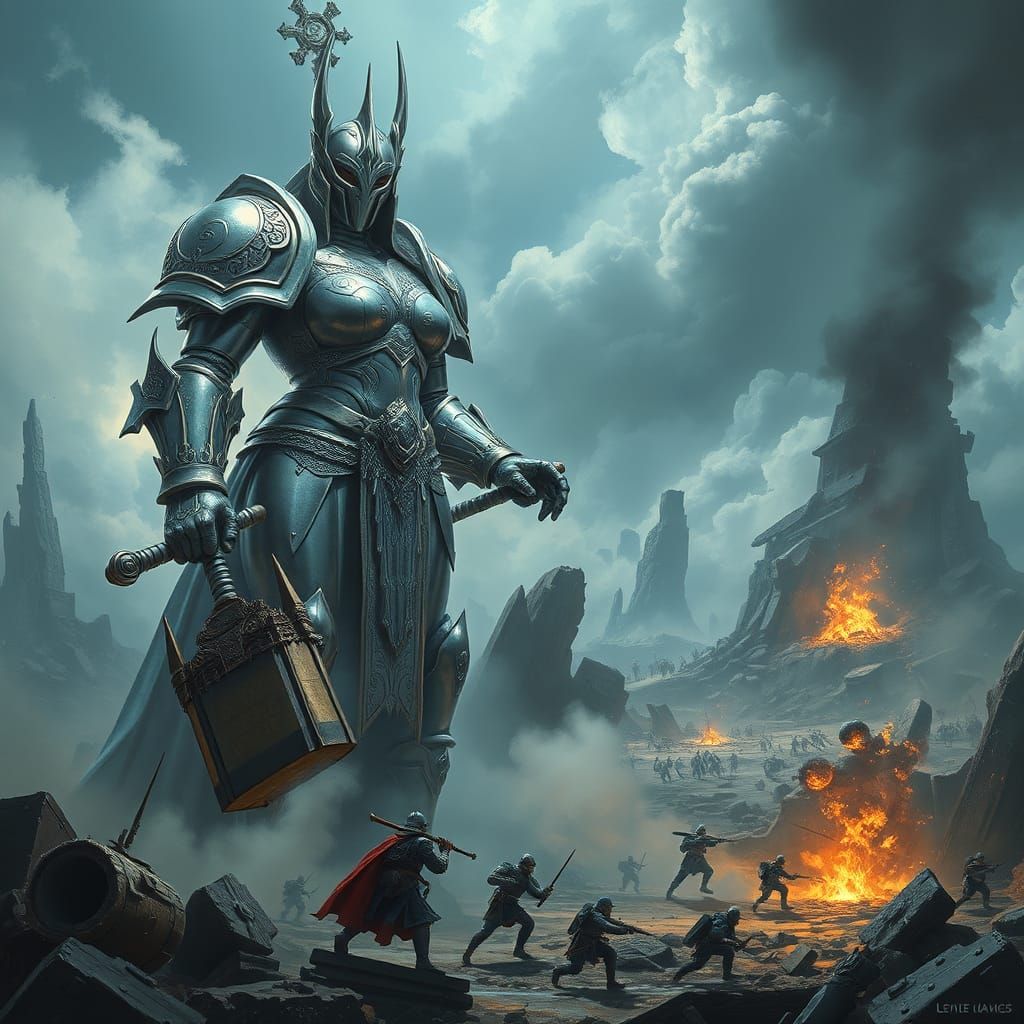 Giantess Warrior Surveys Dystopian Battlefield