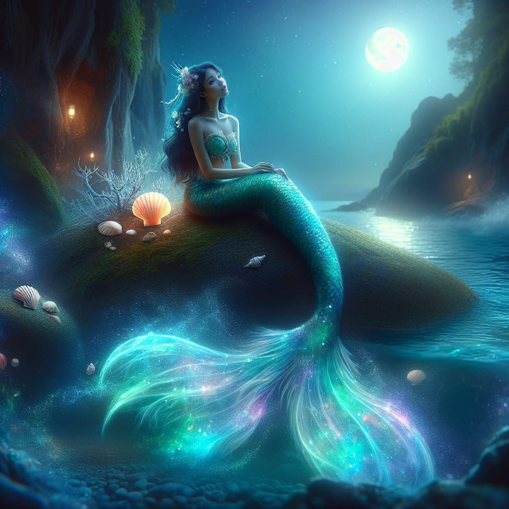 Enchanting Mermaid with Bioluminescent Tail in Digital Paint...
