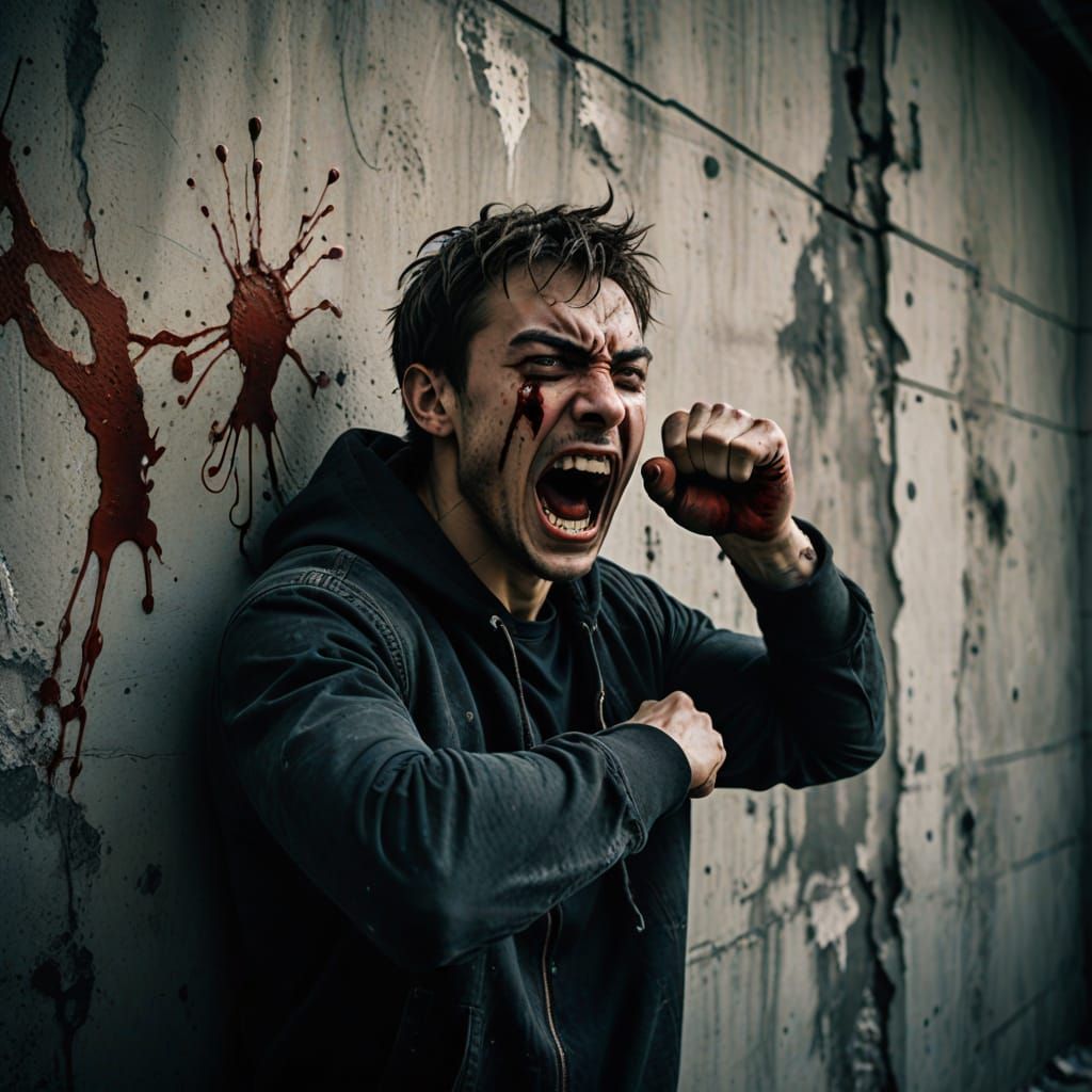 Dark Surrealism: Man Beats Wall in Anguish