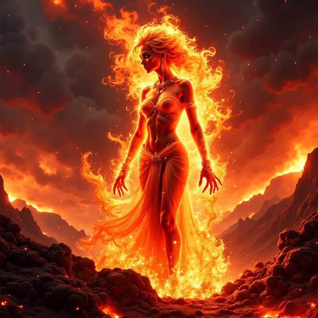 Fire Spirit Woman Emerging from Volcano in Fantasy Art Style